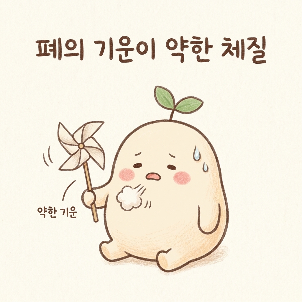 폐의 기운이 약해 기침이 쉽게 일어나는 상태를 그린 손그림 일러스트