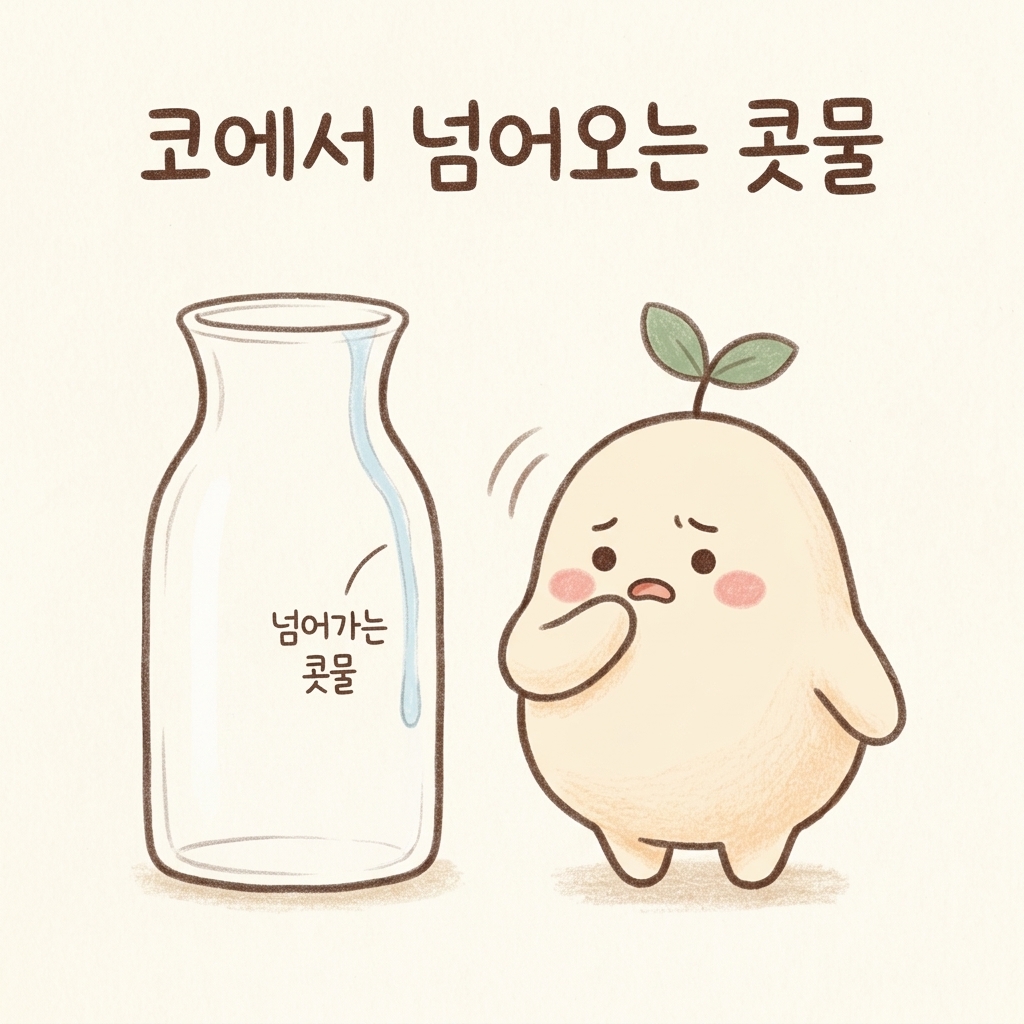 코에서 목 뒤로 넘어가는 콧물이 기침을 일으키는 모습을 그린 손그림 일러스트