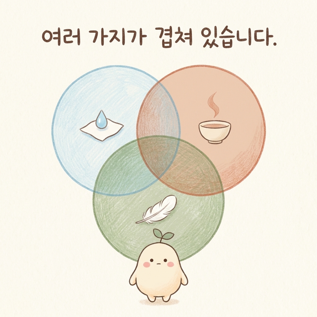 만성 기침의 원인이 여러 가지로 겹쳐 있음을 그린 손그림 일러스트
