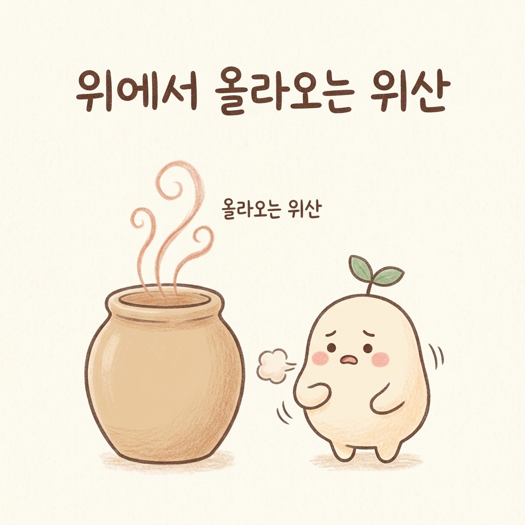 위산이 올라와 목을 자극해 기침이 나는 모습을 그린 손그림 일러스트