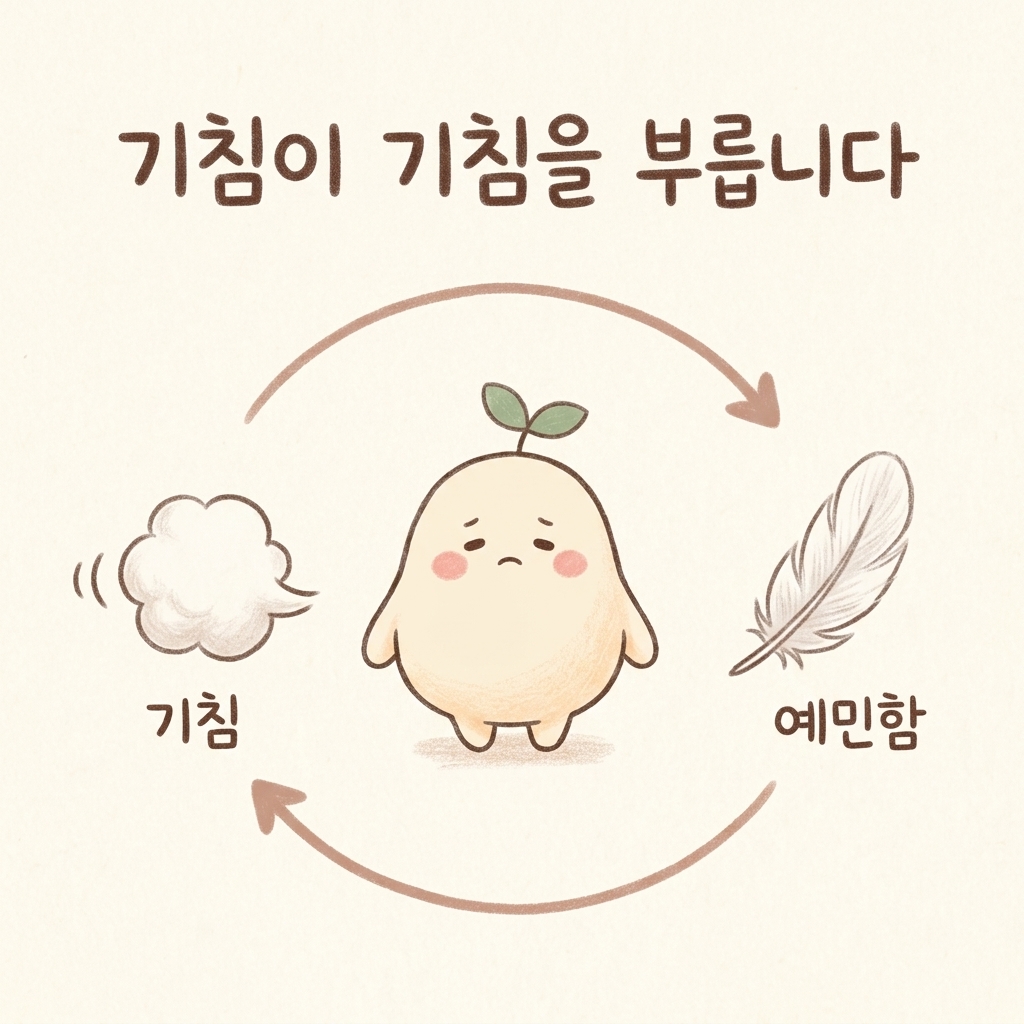 기침이 기관지를 더 예민하게 만드는 악순환을 그린 손그림 일러스트