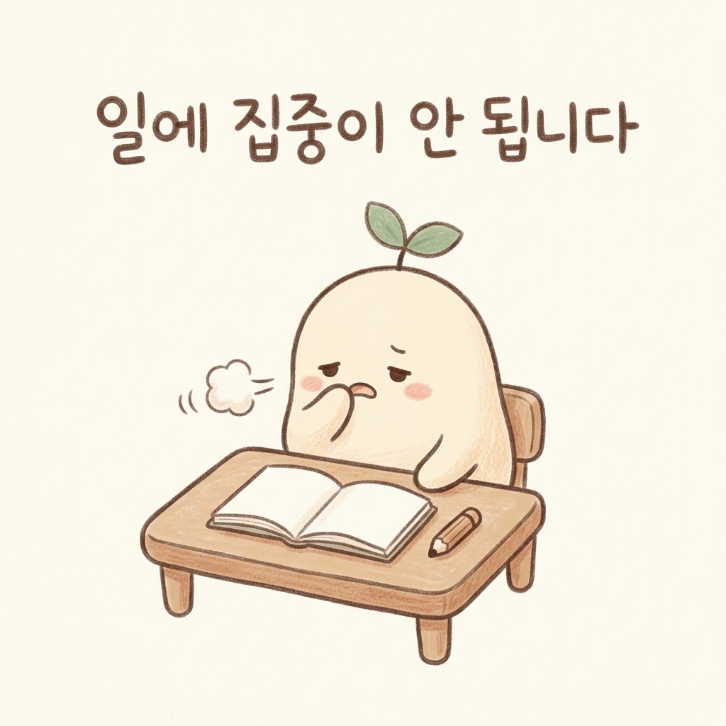 기침 때문에 일에 집중하지 못하는 모습을 그린 손그림 일러스트