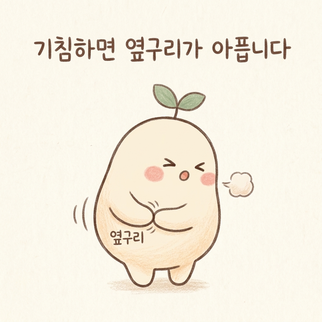 잦은 기침으로 갈비뼈와 배가 아픈 모습을 그린 손그림 일러스트
