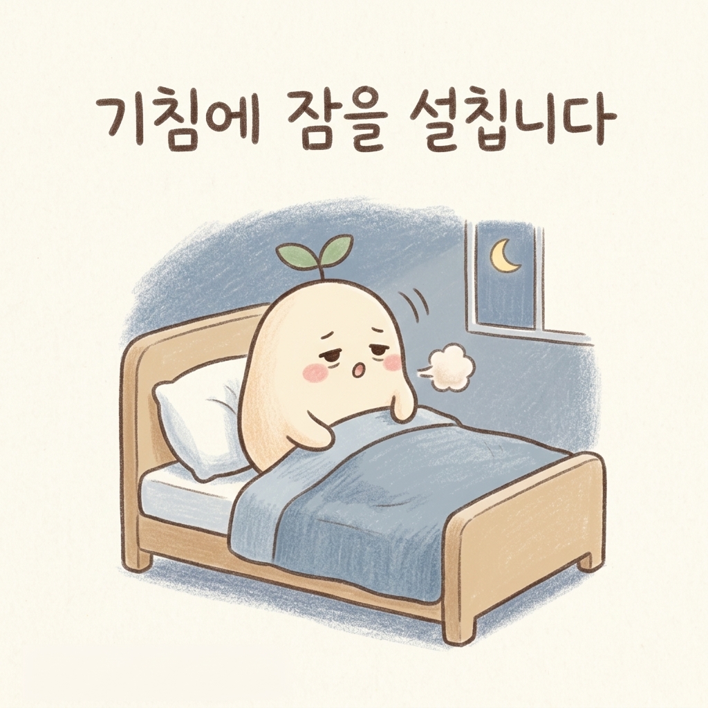 밤기침 때문에 잠을 설치는 모습을 그린 손그림 일러스트
