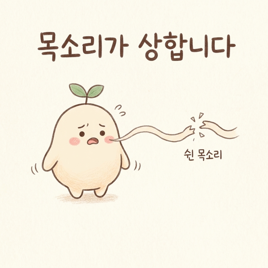 기침으로 목소리가 쉬고 갈라지는 모습을 그린 손그림 일러스트