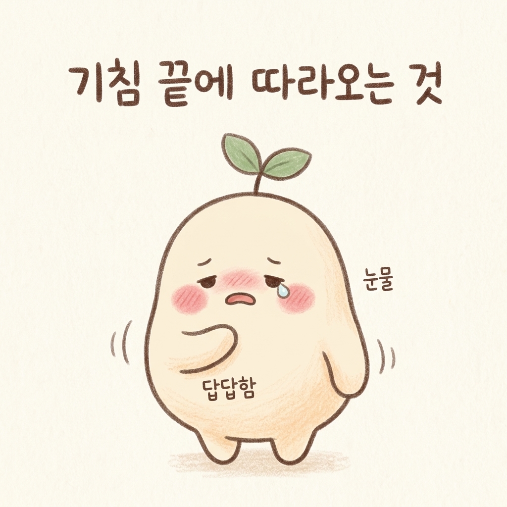 기침 끝에 가슴이 답답하고 헛구역질이 나는 모습을 그린 손그림 일러스트