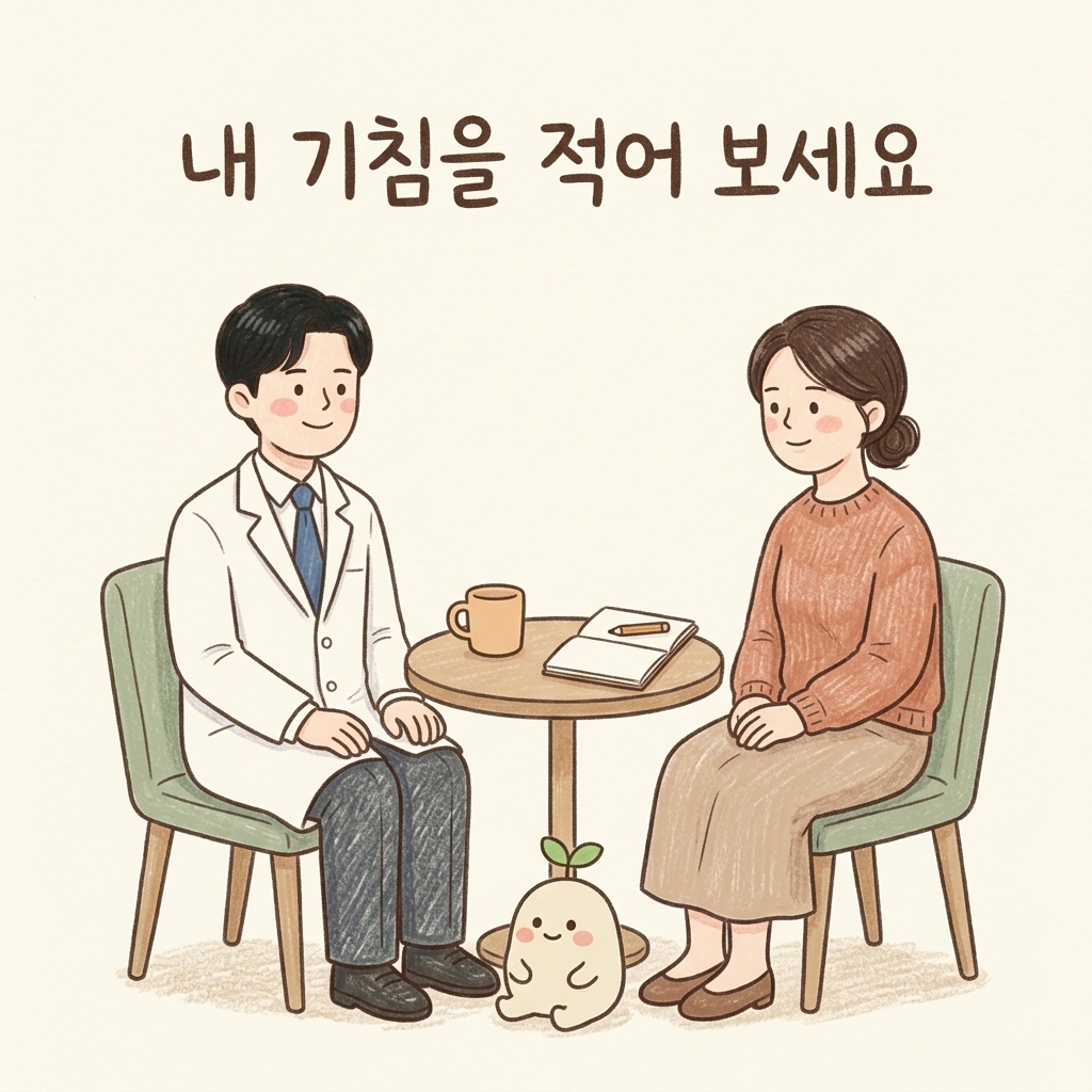 만성 기침 증상을 상담하는 한의사와 환자 손그림 일러스트