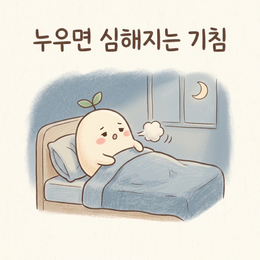 누우면 심해지는 밤기침을 그린 손그림 일러스트