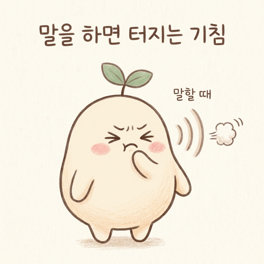 말을 하면 기침이 터지는 모습을 그린 손그림 일러스트