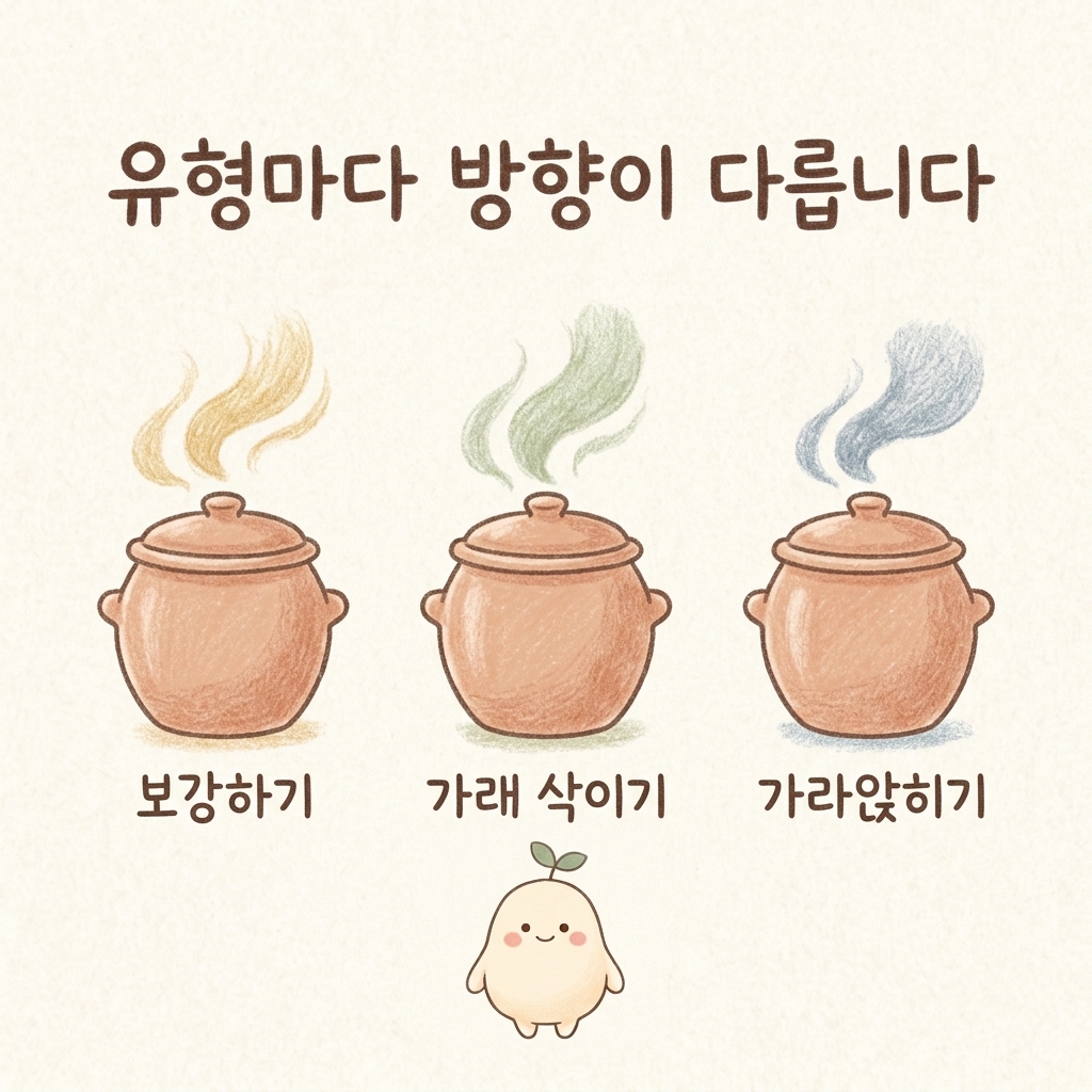 유형에 맞춘 만성 기침 한약 처방을 그린 손그림 일러스트