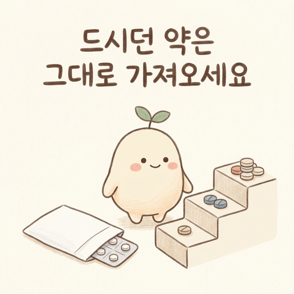 드시던 기침약을 순서대로 줄여 가는 것을 그린 손그림 일러스트