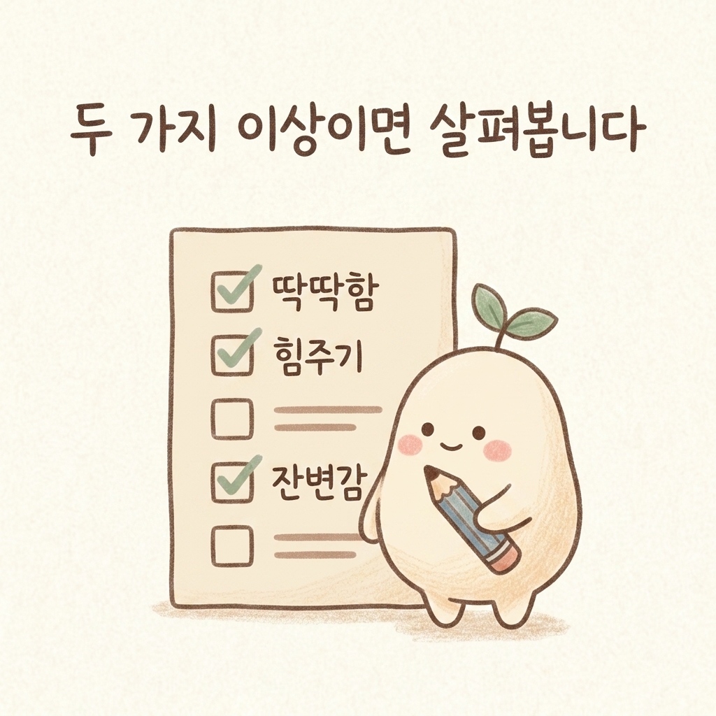 변비 자가진단 항목을 체크하는 모습을 그린 손그림 일러스트