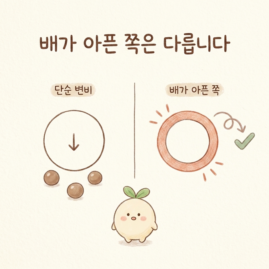 단순 변비와 과민성 대장증후군 변비형의 차이를 비교한 손그림 일러스트
