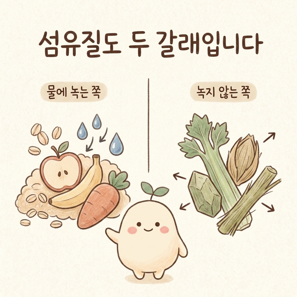 부드러운 식이섬유와 거친 식이섬유를 나누어 비교한 손그림 일러스트