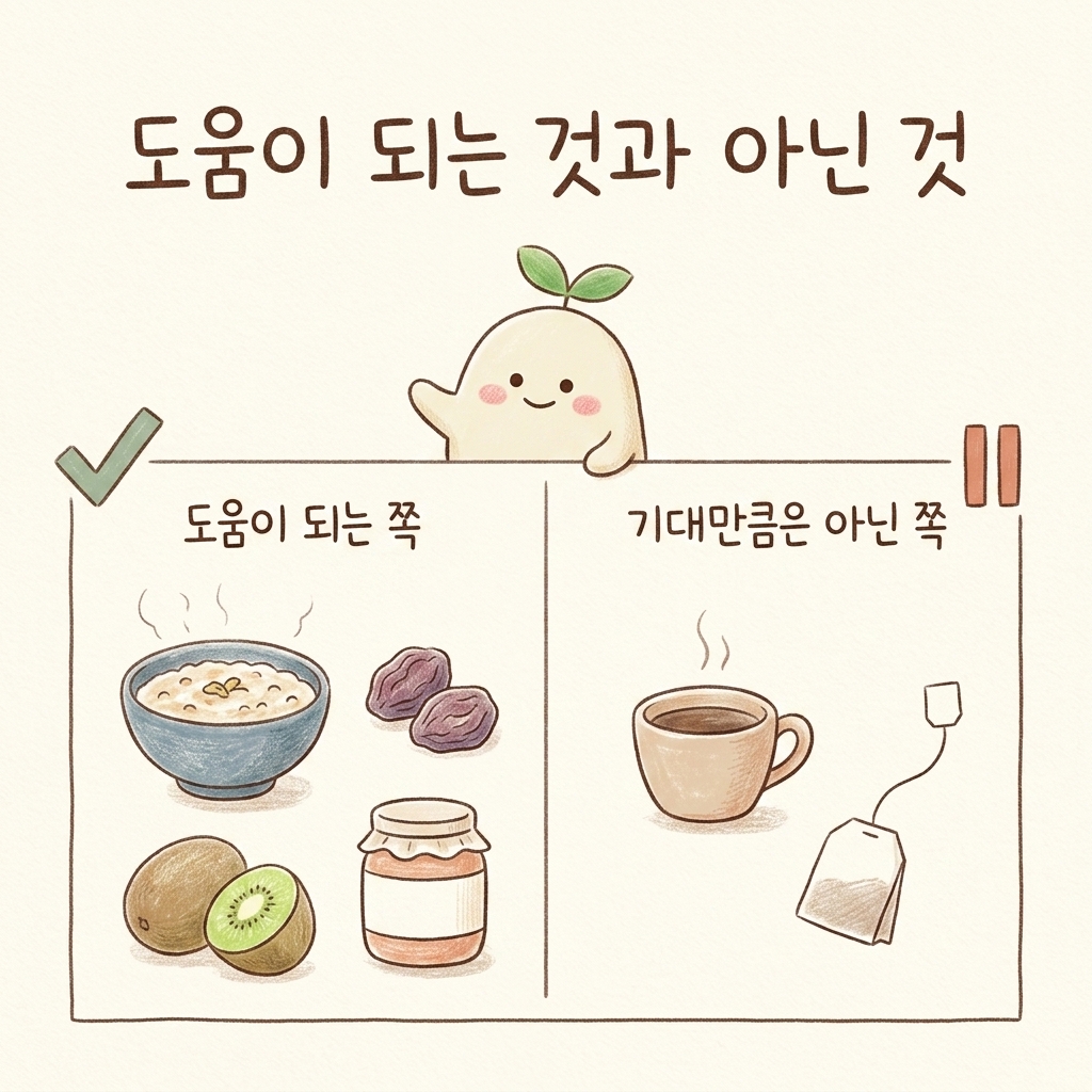 변비에 도움이 되는 음식과 주의할 것을 비교한 손그림 일러스트