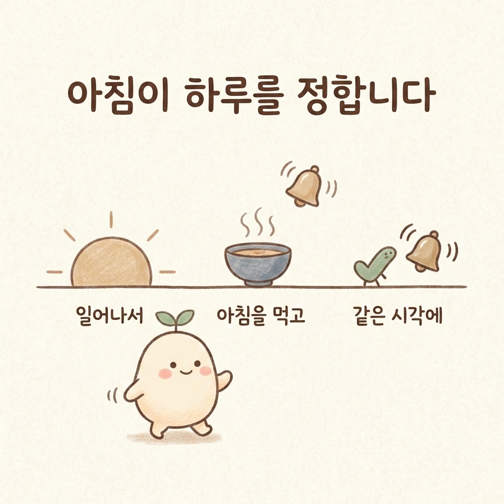 아침 식사 후 일정한 시각에 화장실에 앉는 습관을 그린 손그림 일러스트