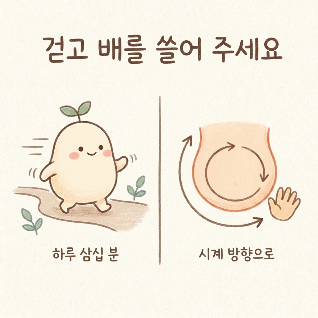 걷기와 배 마사지로 장을 움직이는 방법을 그린 손그림 일러스트
