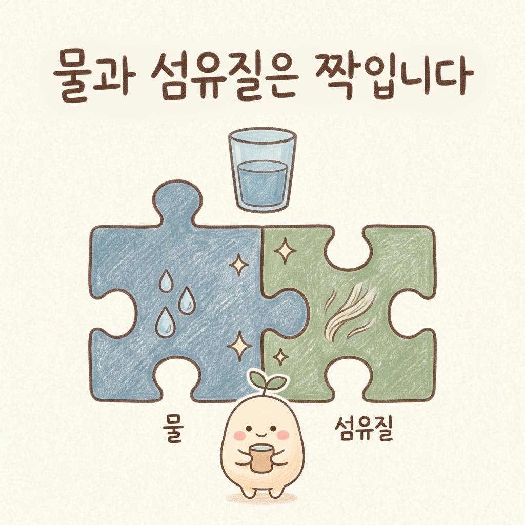 물과 식이섬유가 함께 작용하는 원리를 그린 손그림 일러스트