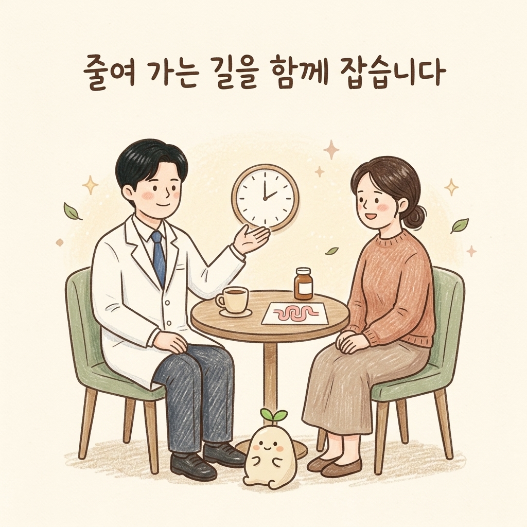 장이 스스로 움직이는 상태로 돌아가는 과정을 설명하는 한의사 손그림 일러스트