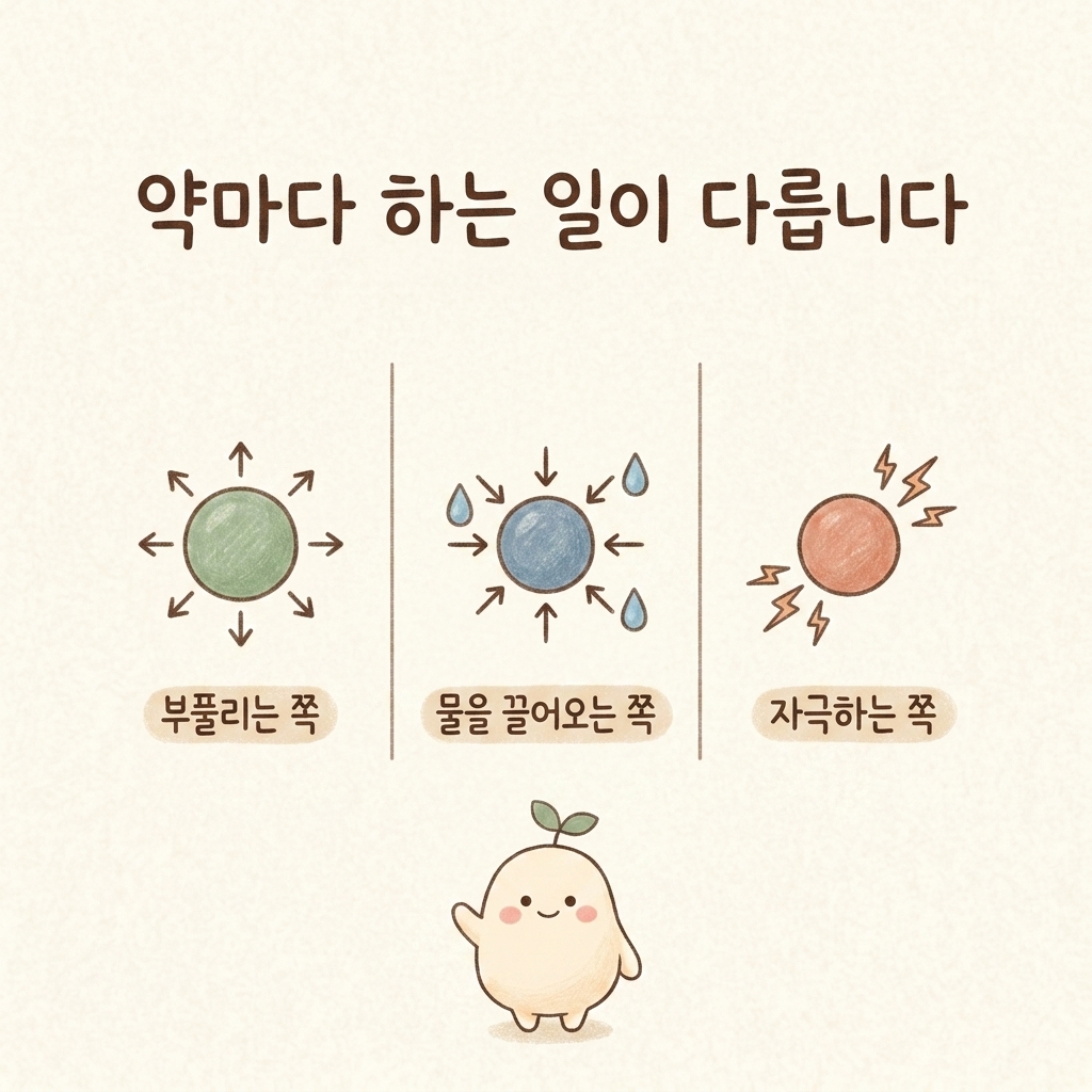 변비약의 세 가지 종류를 나누어 비교한 손그림 일러스트