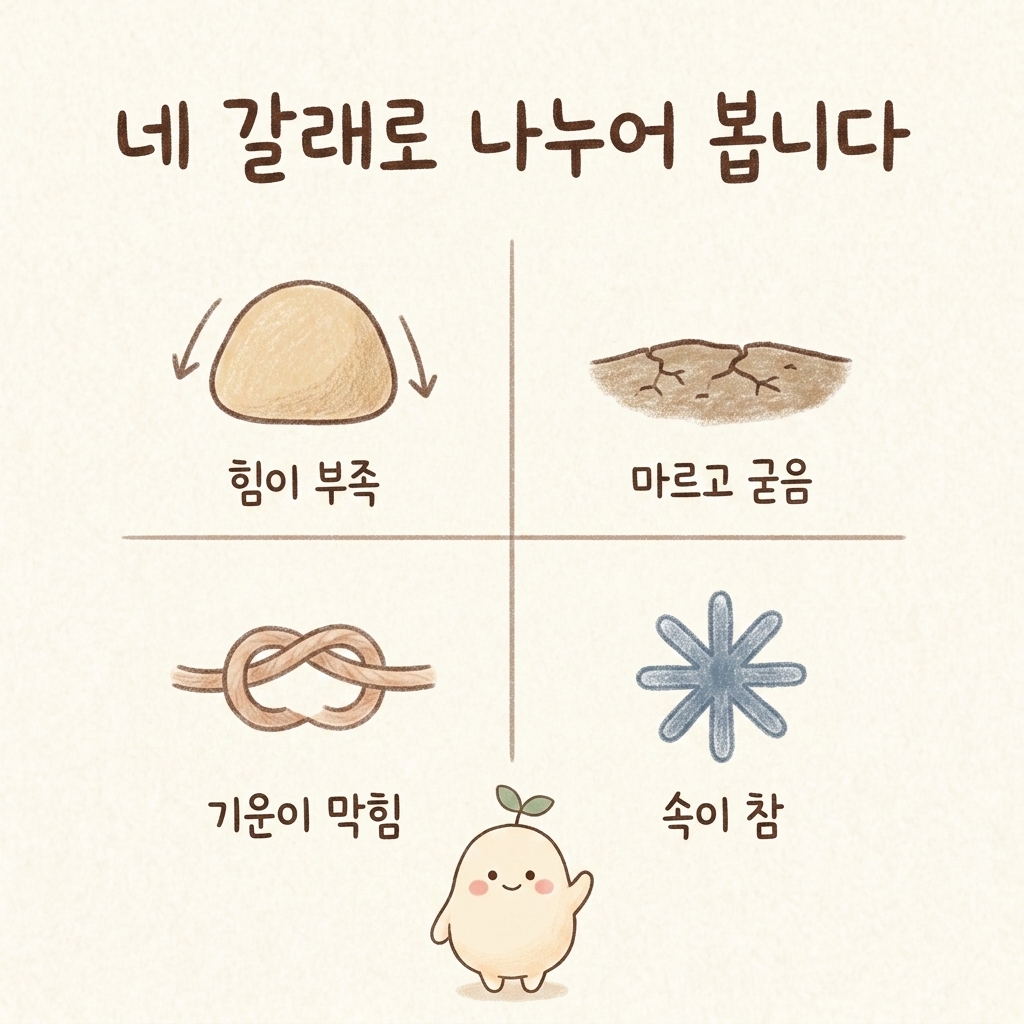 변비를 네 가지로 나누어 보는 한의학의 관점을 그린 손그림 일러스트