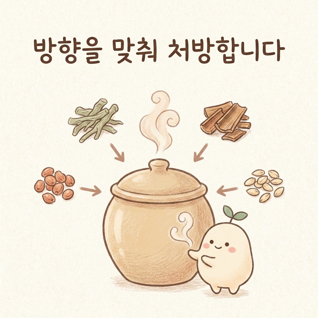 변비 유형에 맞춘 한약 처방을 설명하는 손그림 일러스트