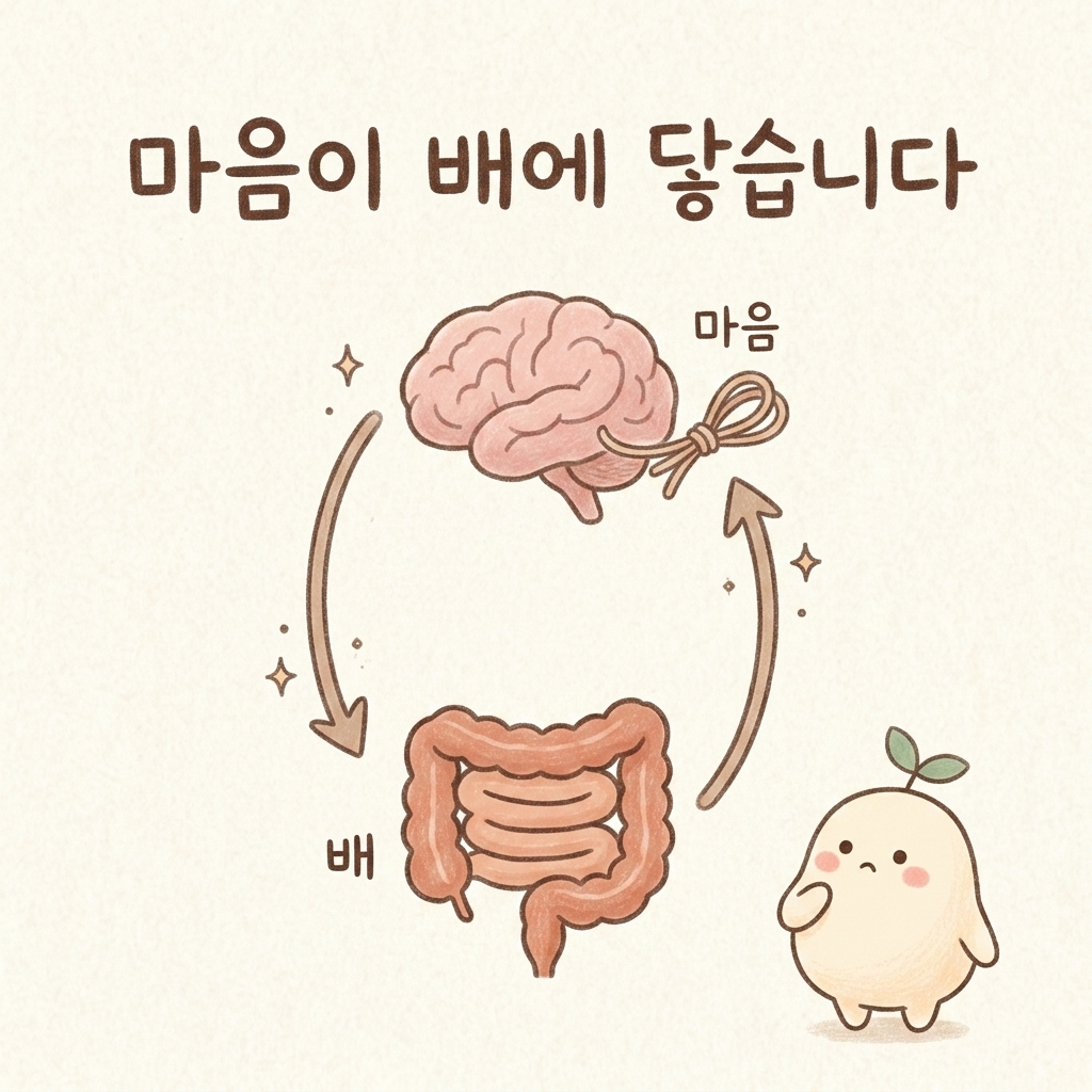 긴장과 스트레스가 장의 리듬에 영향을 주는 모습을 그린 손그림 일러스트
