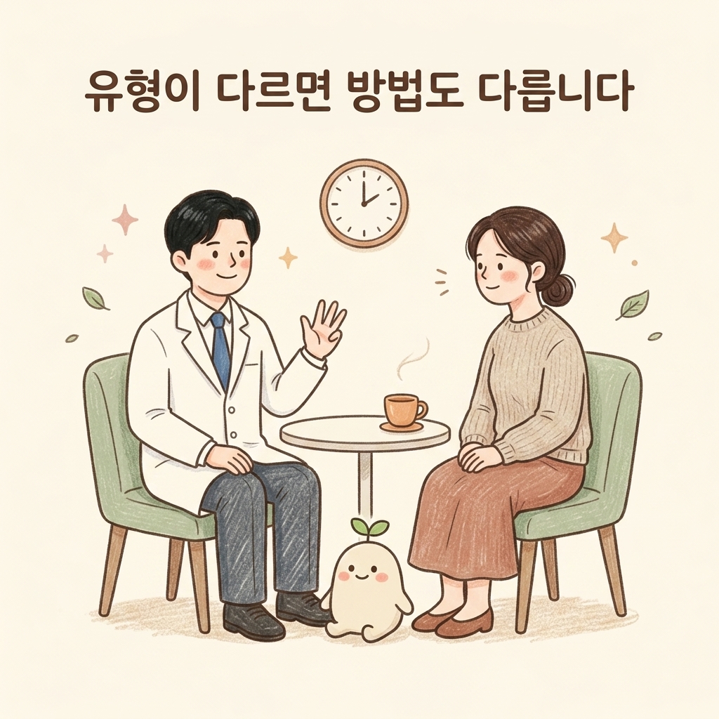 유형에 맞는 방법을 찾는 과정을 설명하는 한의사 손그림 일러스트