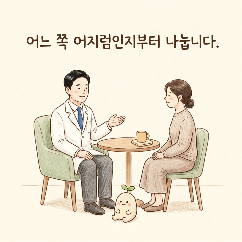 어지럼증을 상담하는 한의사와 환자 손그림 일러스트