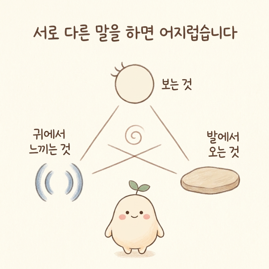균형을 잡는 세 곳의 정보가 어긋나는 것을 그린 손그림 일러스트