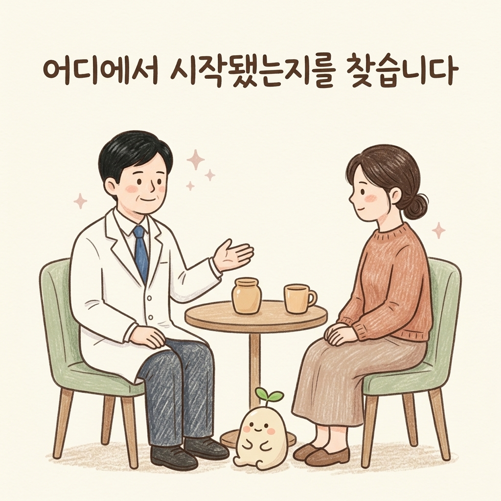어지럼의 원인을 상담하는 한의사와 환자 손그림 일러스트