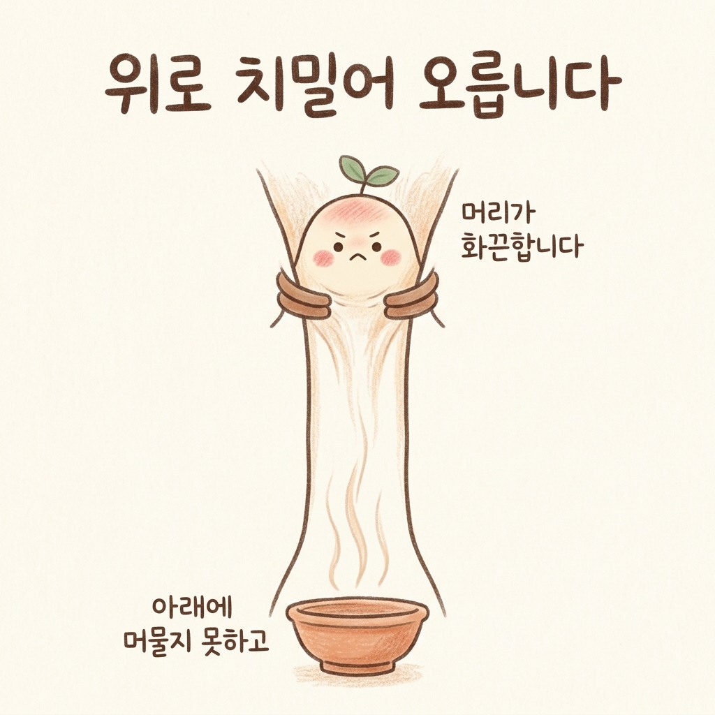 열이 위로 떠서 머리가 화끈하고 어지러운 상태를 그린 손그림 일러스트