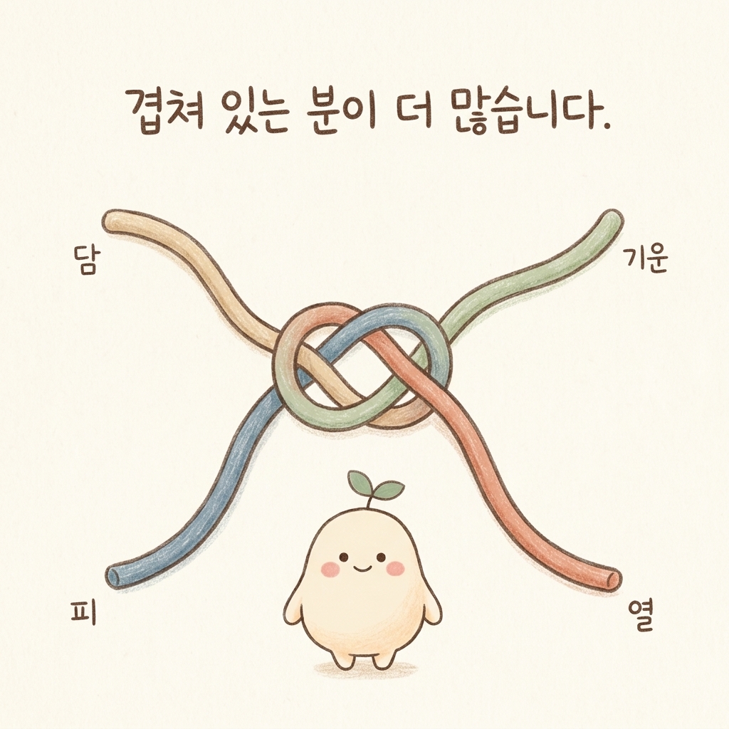 어지럼의 여러 갈래가 겹쳐 있는 것을 그린 손그림 일러스트