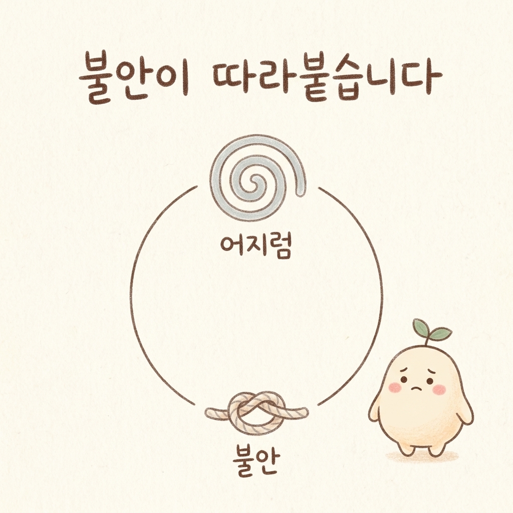 어지럼과 불안이 서로를 키우는 것을 표현한 손그림 일러스트