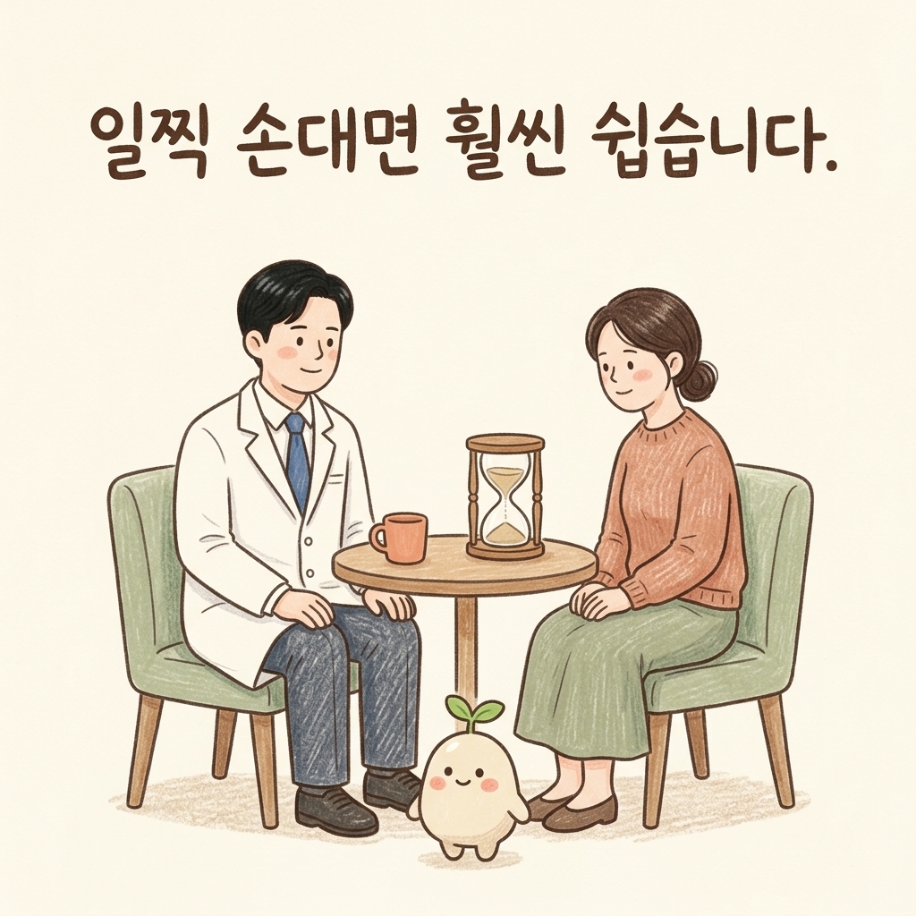 어지럼을 오래 두었을 때를 상담하는 한의사와 환자 손그림 일러스트
