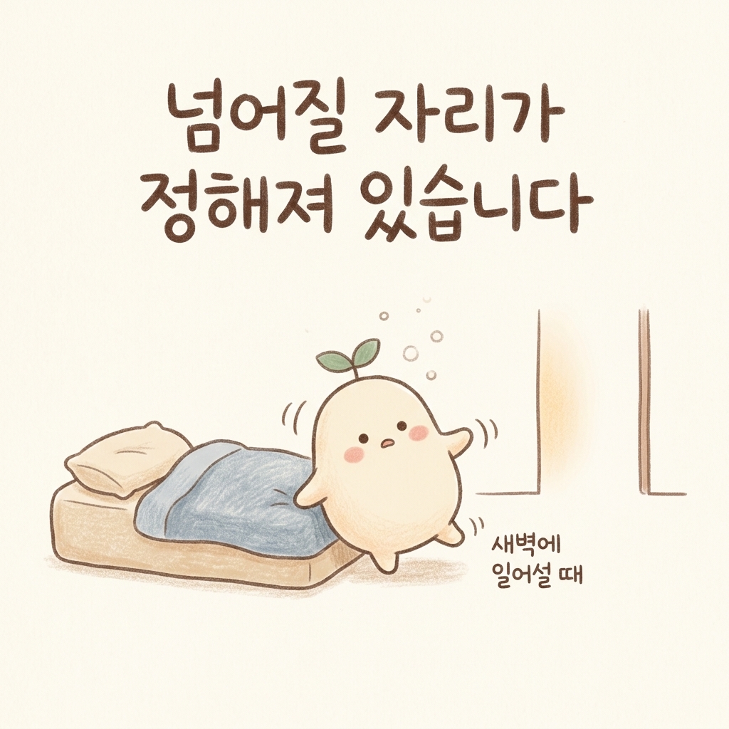새벽에 일어설 때 넘어질 위험을 표현한 손그림 일러스트