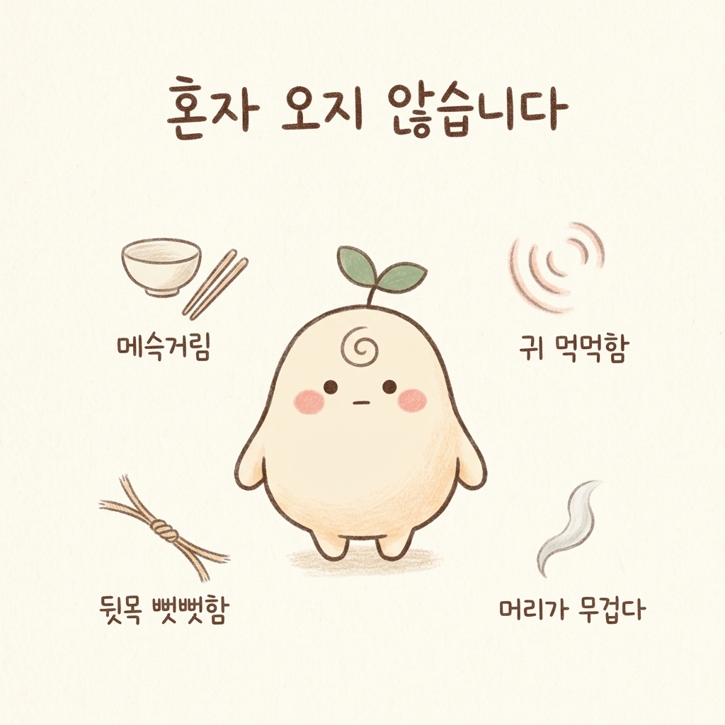 어지럼과 함께 오는 증상들을 그린 손그림 일러스트