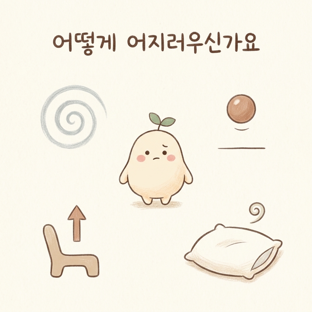 어지럼이 나타나는 여러 가지 느낌을 표현한 손그림 일러스트
