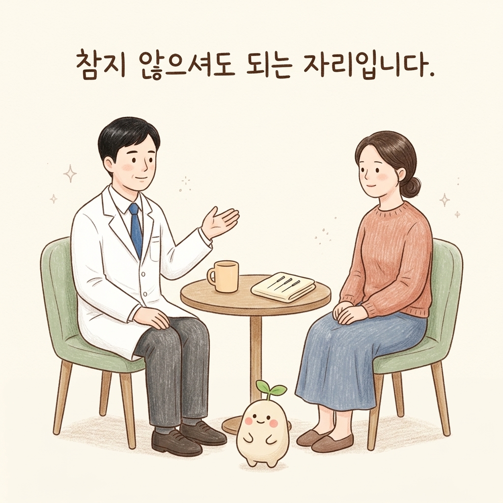 어지럼 치료를 상담하는 한의사와 환자 손그림 일러스트