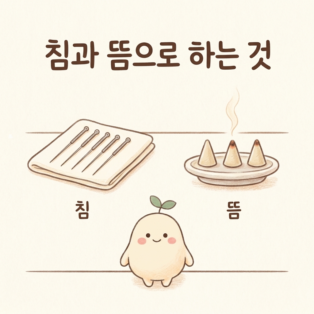 어지럼에 침과 뜸으로 치료하는 것을 그린 손그림 일러스트