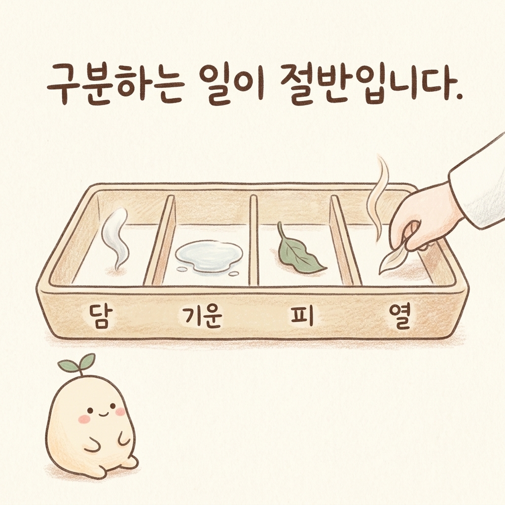 어지럼의 갈래를 나누어 진료하는 모습을 그린 손그림 일러스트