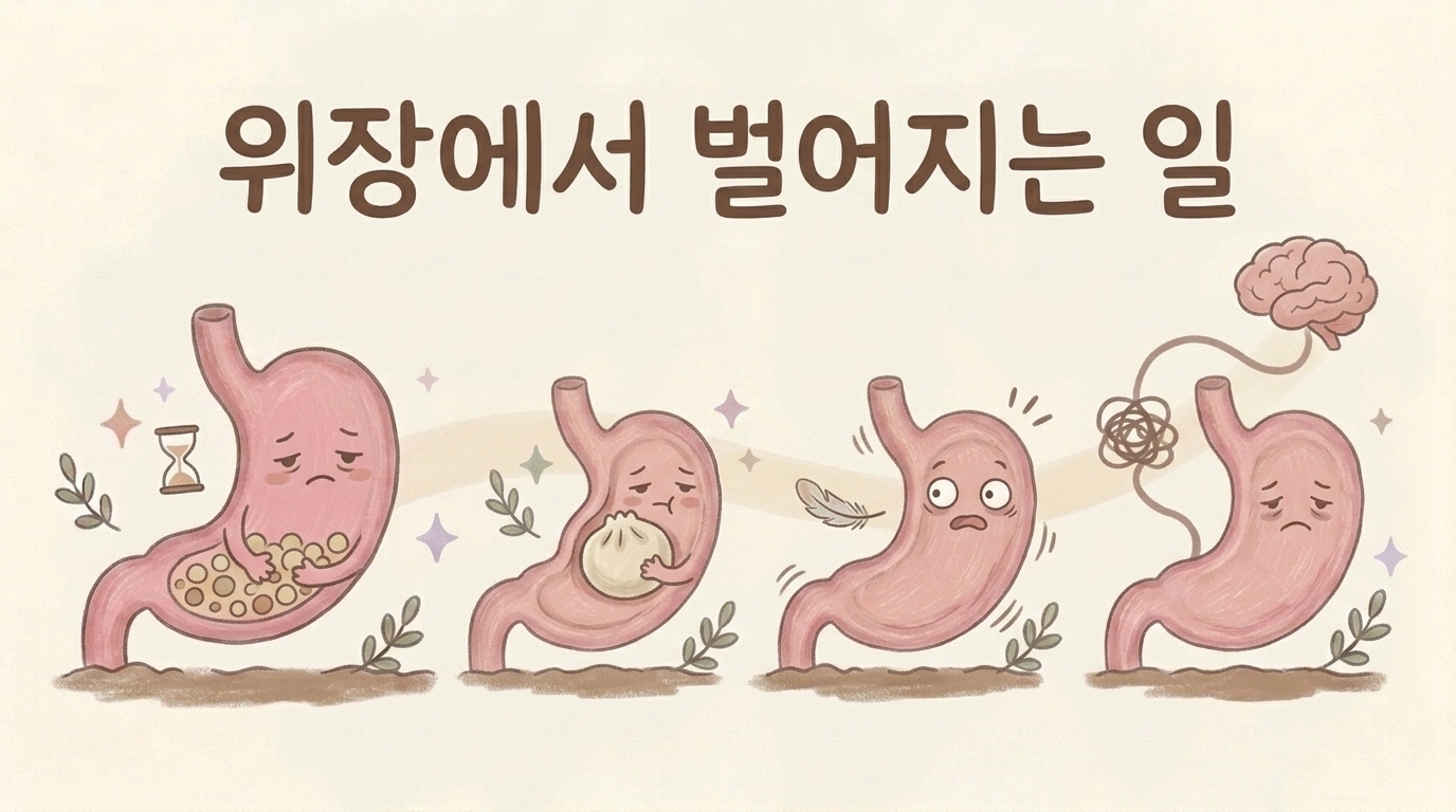 위 배출 지연, 위가 넓어지지 않음, 감각 과민, 자율신경 문제를 그린 일러스트