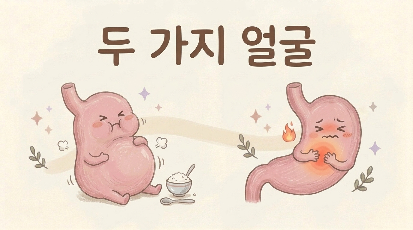 식후에 더부룩한 유형과 명치가 아픈 유형 두 가지를 비교한 일러스트