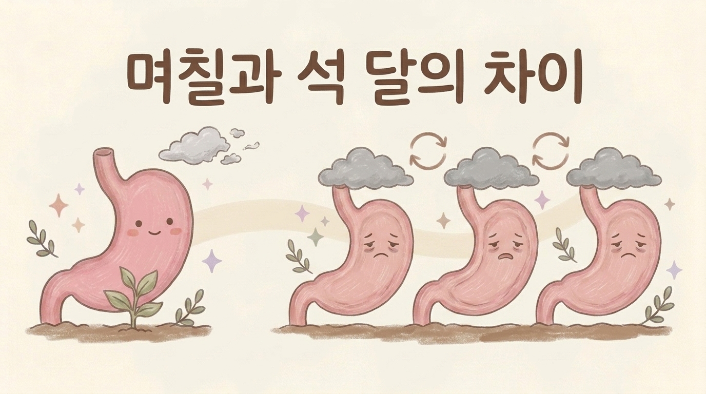 며칠 지나가는 체기와 몇 달 반복되는 소화불량의 차이를 그린 일러스트