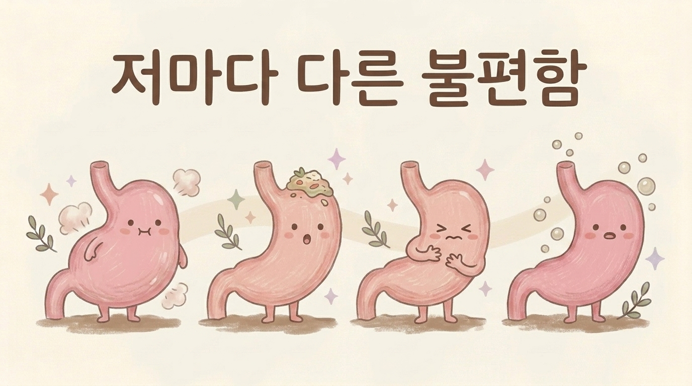 조기포만감, 식후 팽만, 명치 불편 등 소화불량의 여러 형태를 그린 일러스트