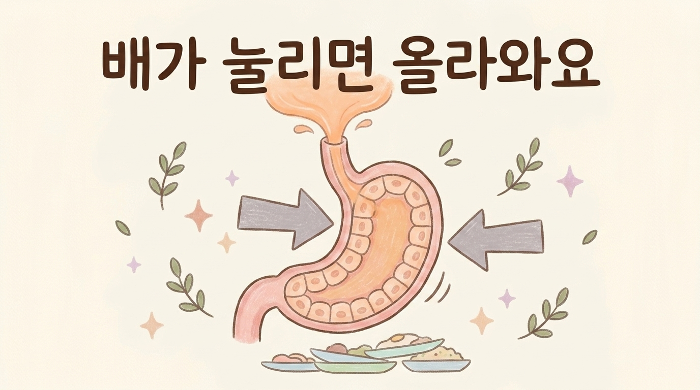 과식과 복부 압력으로 위가 눌려 내용물이 위로 밀려 올라가는 모습을 표현한 개념 그림
