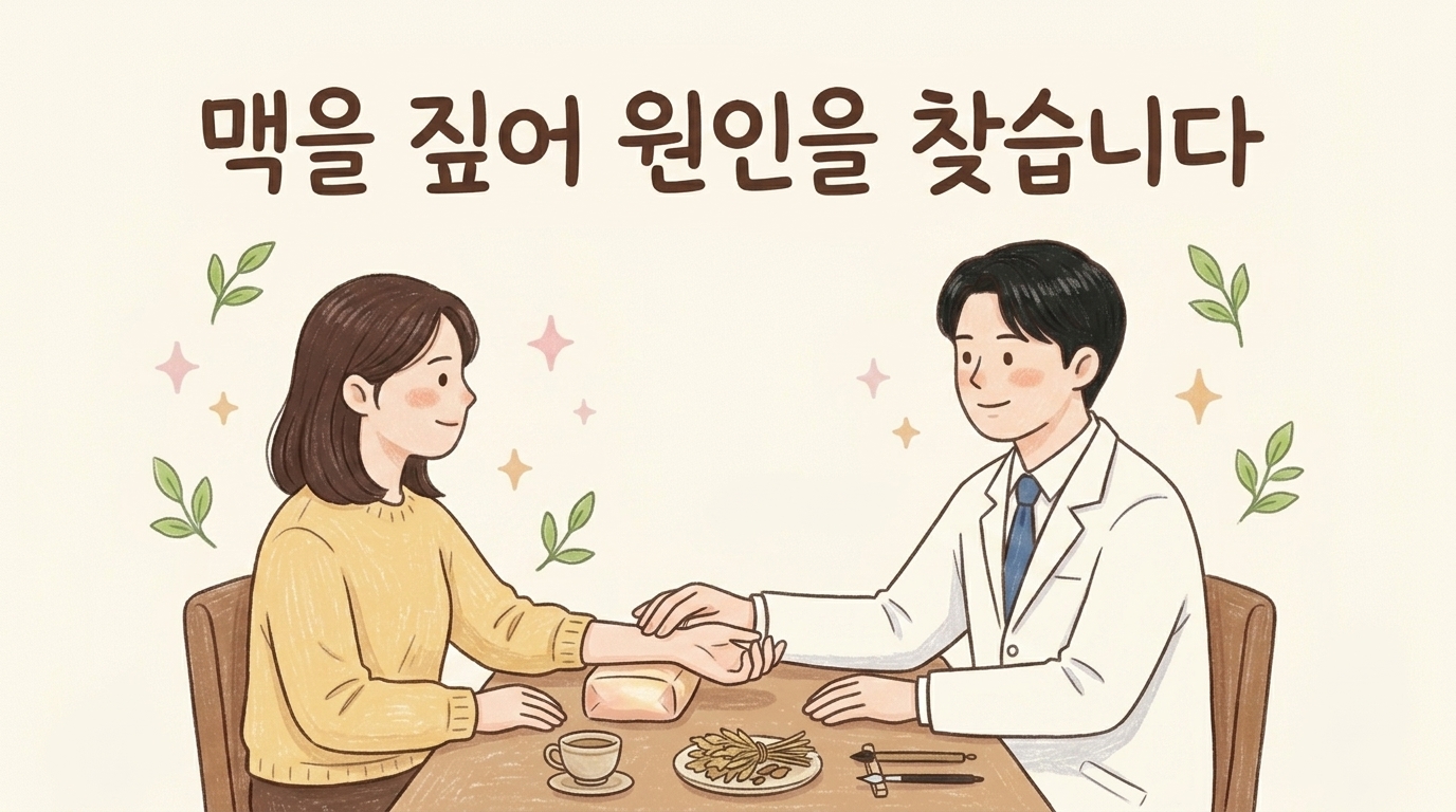 한의사가 환자의 손목 맥을 짚으며 역류의 원인을 살피는 따뜻한 진료 장면