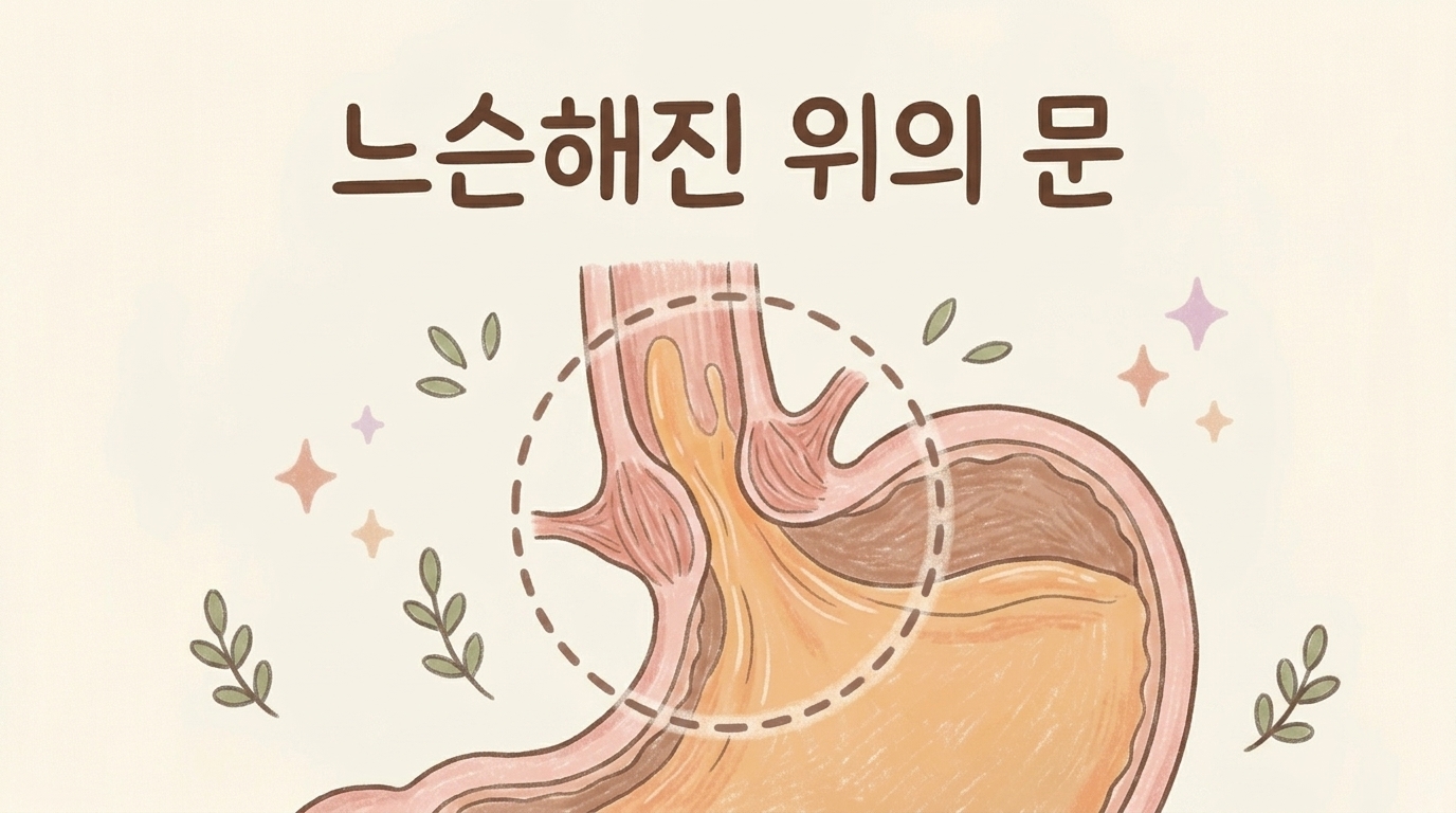위와 식도 사이의 하부 식도 괄약근이 약해져 위산이 새어 올라오는 과정을 보여 주는 개념 그림