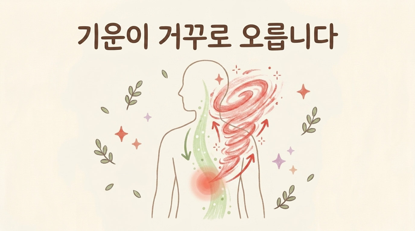 아래로 내려가야 할 위의 기운이 거꾸로 위로 치솟는 위기상역 개념을 표현한 동양적 일러스트
