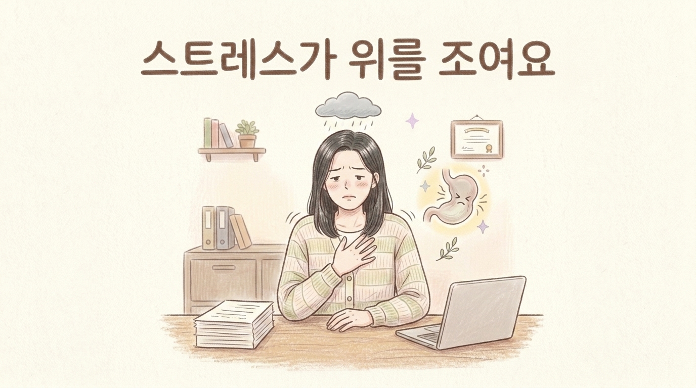 사무실 책상 앞에서 스트레스와 긴장으로 명치가 답답해 가슴을 짚는 여성의 모습